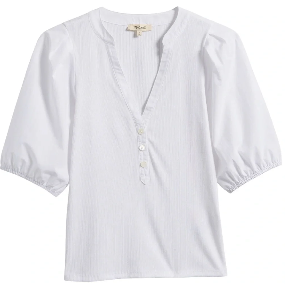 MADEWELL V-Neck Puff Sleeved Mixy Top Blouse NWT XS Classic White